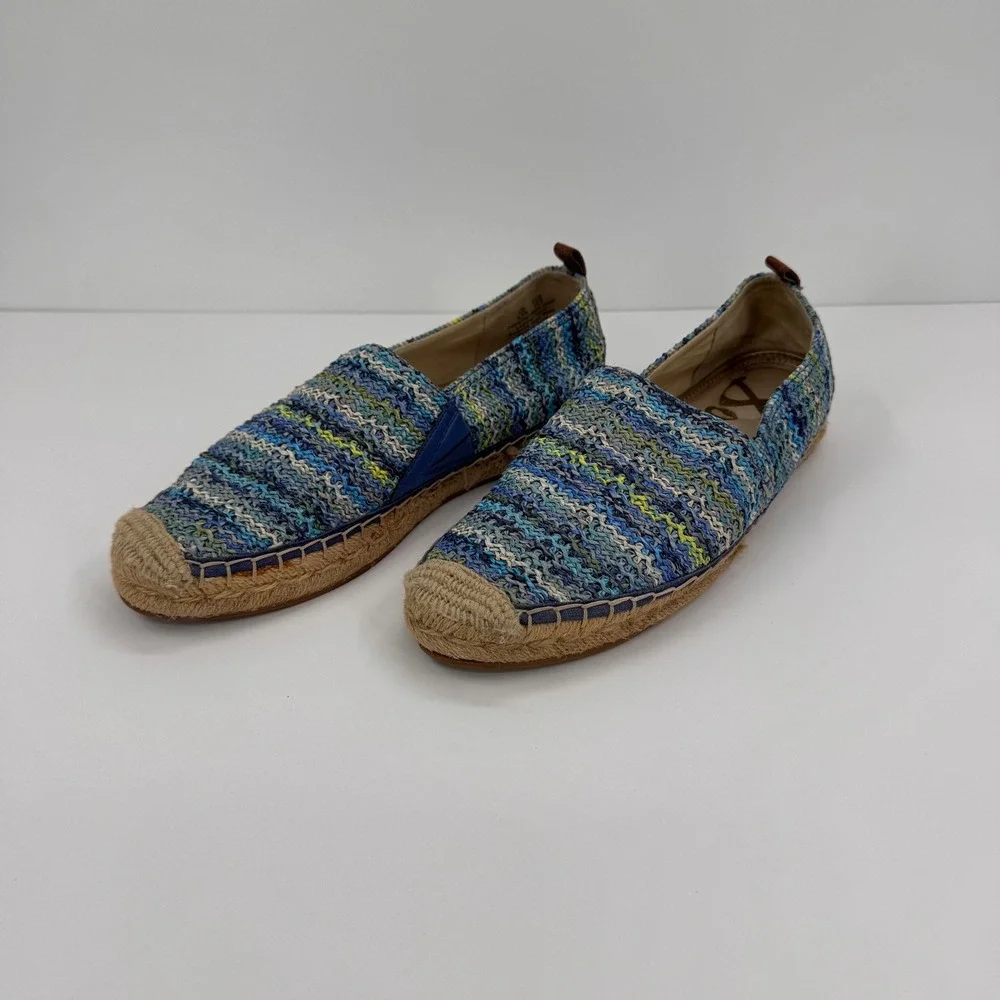 Sam Edelman Women's 9.5M Khloe Blue Multi Woven Raffia Espadrille Flats‎ Shoes
